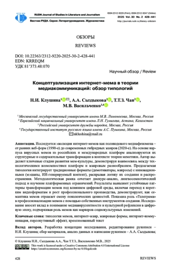 КОНЦЕПТУАЛИЗАЦИЯ ИНТЕРНЕТ-МЕМА В ТЕОРИИ МЕДИАКОММУНИКАЦИЙ: ОБЗОР ТИПОЛОГИЙ